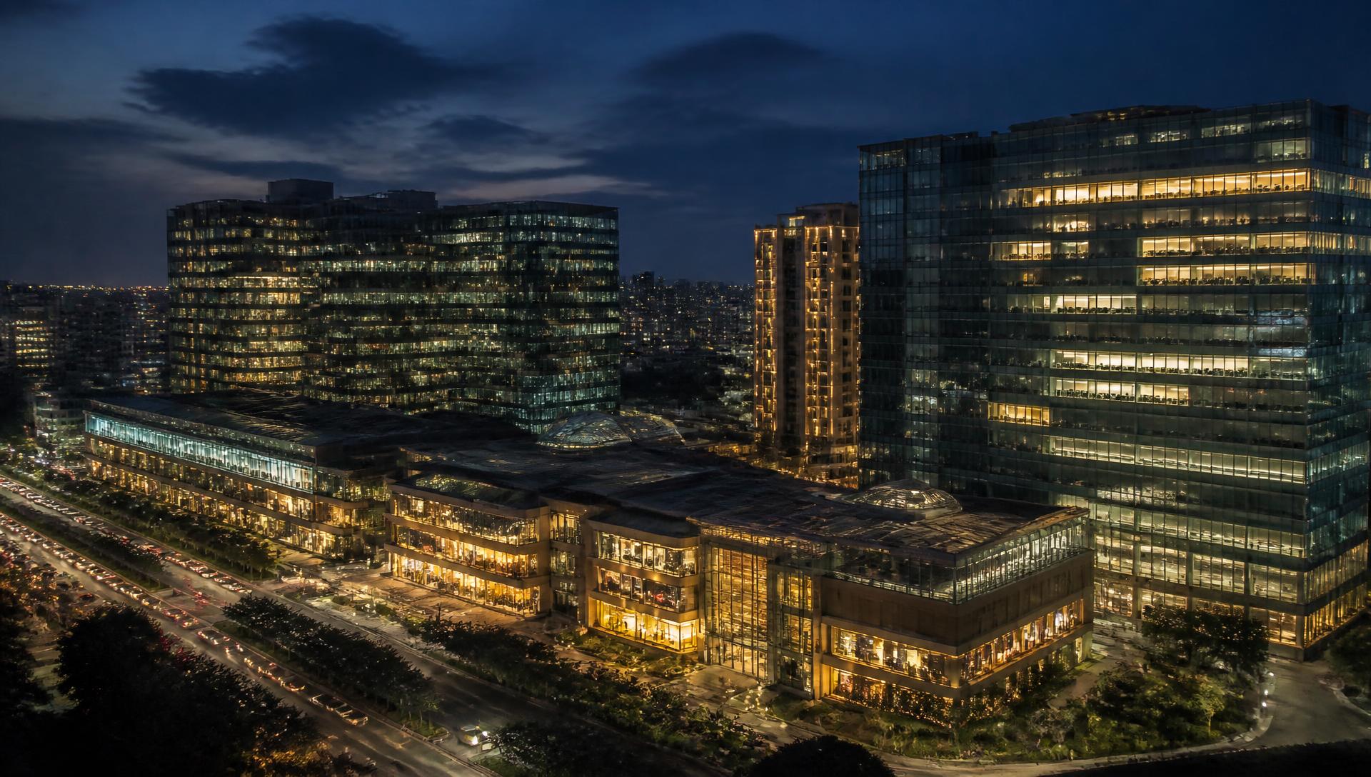 Commercial business district at dusk